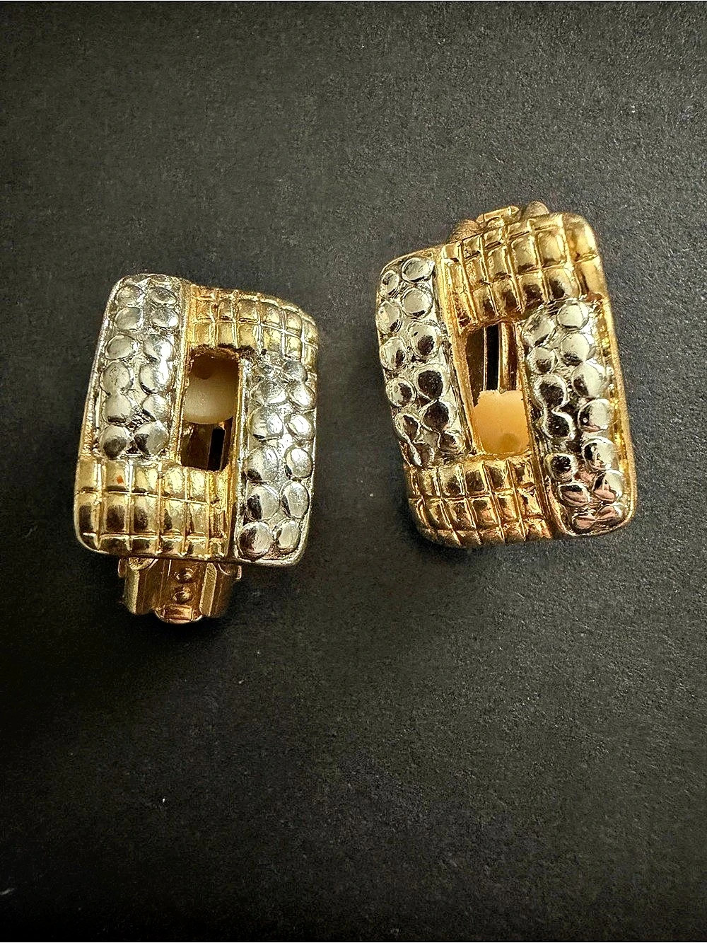 Vintage Two Tone Gold Silver Clip On Earrings Textured Geometric Statement